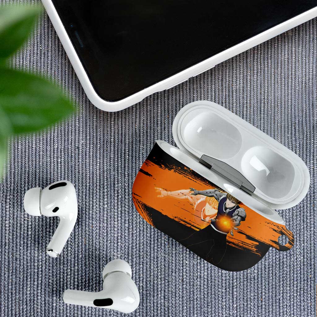Genos One Punch Man Anime Orange and Black Theme AirPods Case with Cyborg Arm Blast and Intense Action Pose - The Mazicc