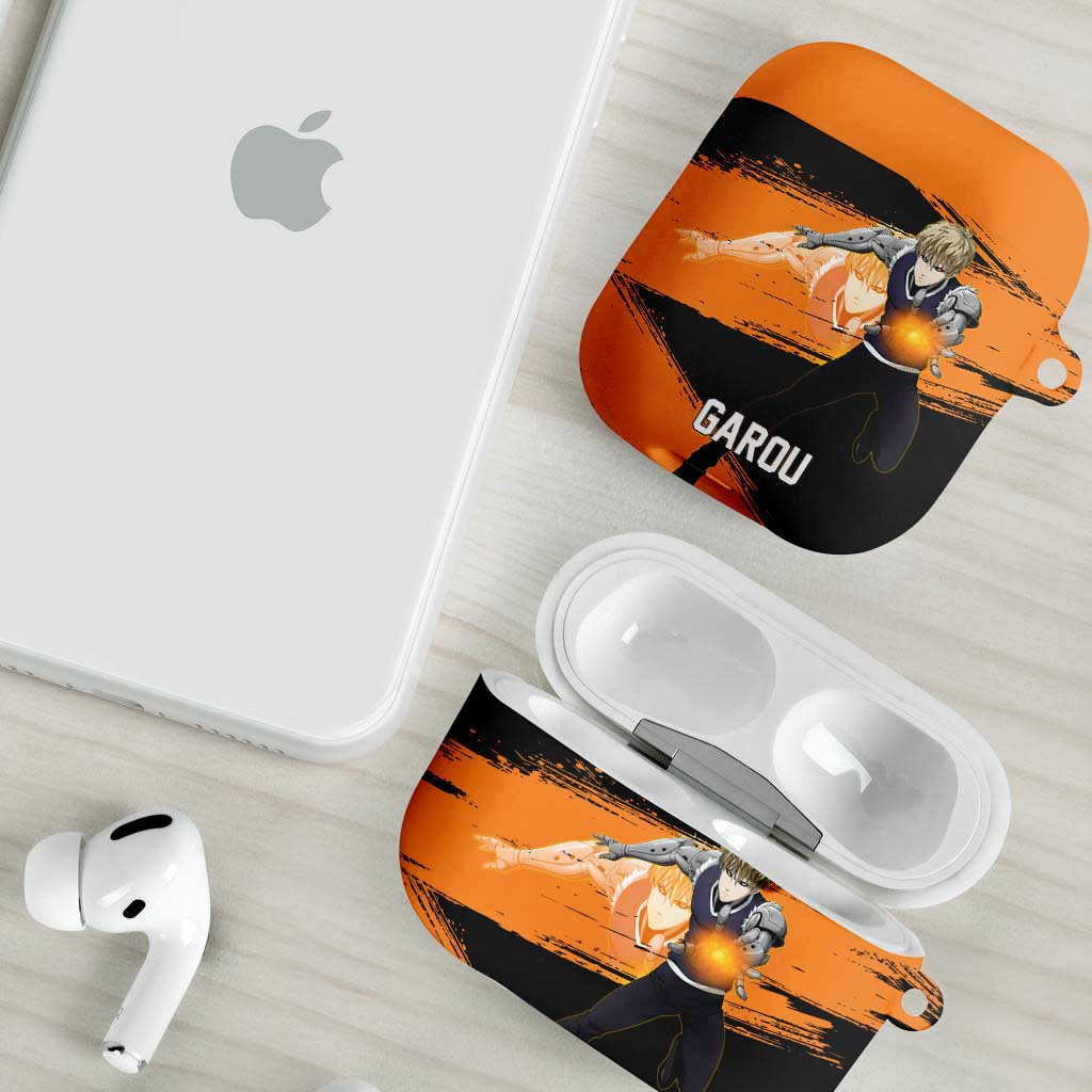 Genos One Punch Man Anime Orange and Black Theme AirPods Case with Cyborg Arm Blast and Intense Action Pose - The Mazicc
