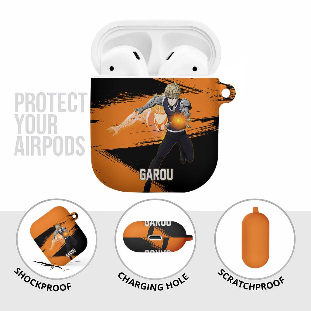 Genos One Punch Man Anime Orange and Black Theme AirPods Case with Cyborg Arm Blast and Intense Action Pose - The Mazicc