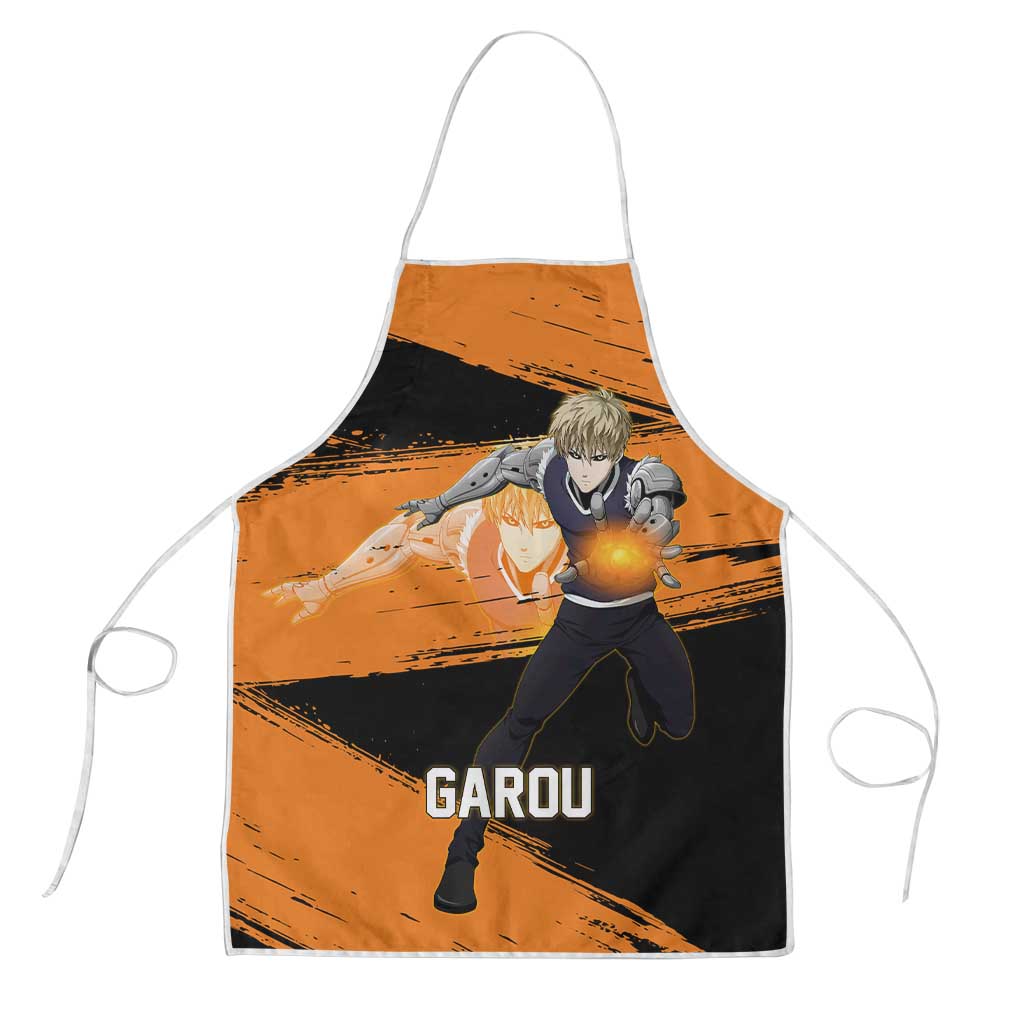 Genos One Punch Man Anime Orange and Black Theme Apron with Cyborg Arm Blast and Intense Action Pose - The Mazicc