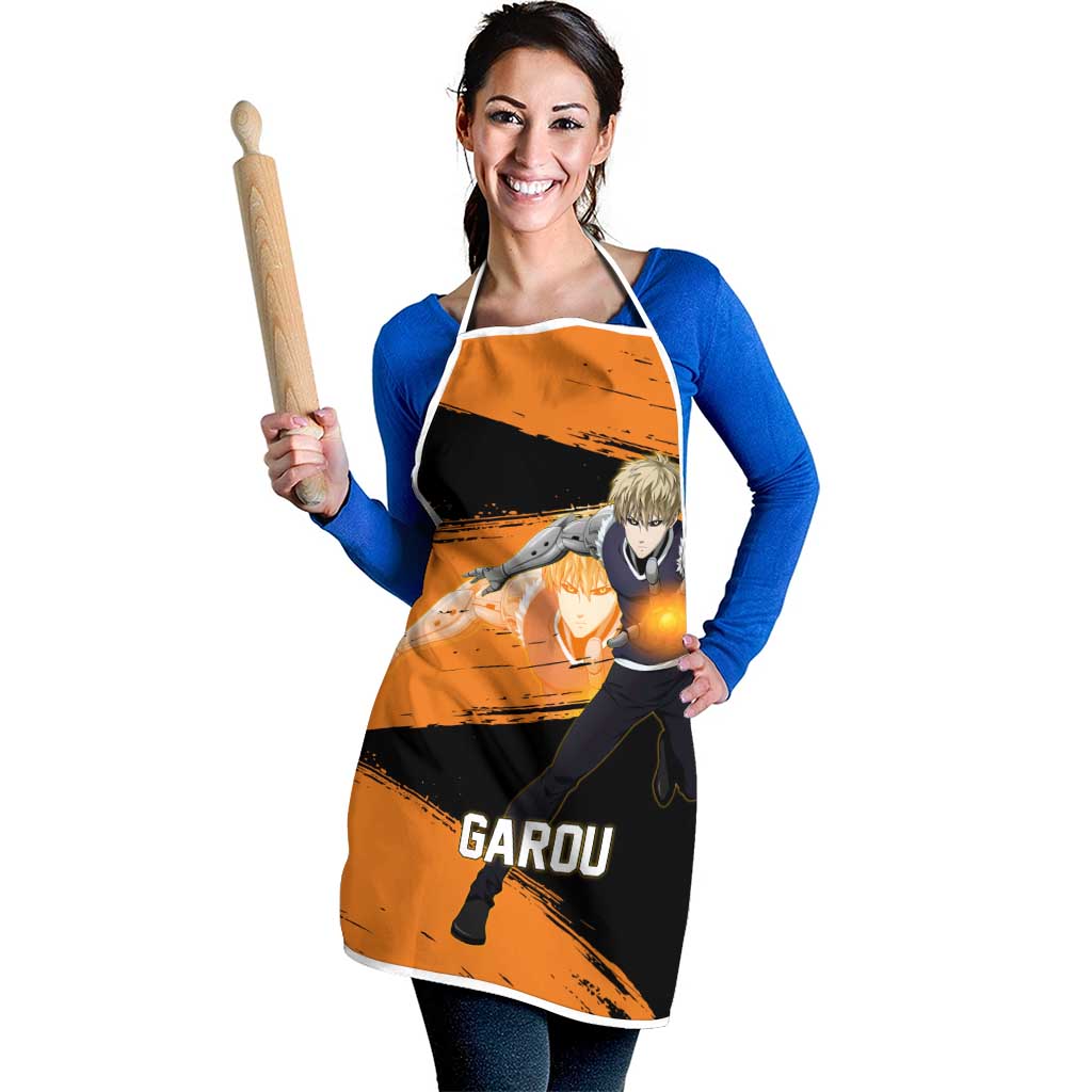 Genos One Punch Man Anime Orange and Black Theme Apron with Cyborg Arm Blast and Intense Action Pose - The Mazicc