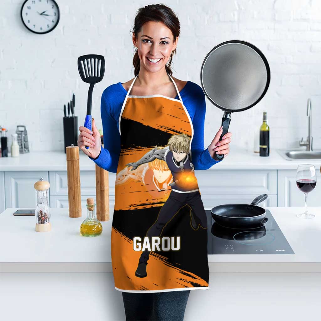 Genos One Punch Man Anime Orange and Black Theme Apron with Cyborg Arm Blast and Intense Action Pose - The Mazicc