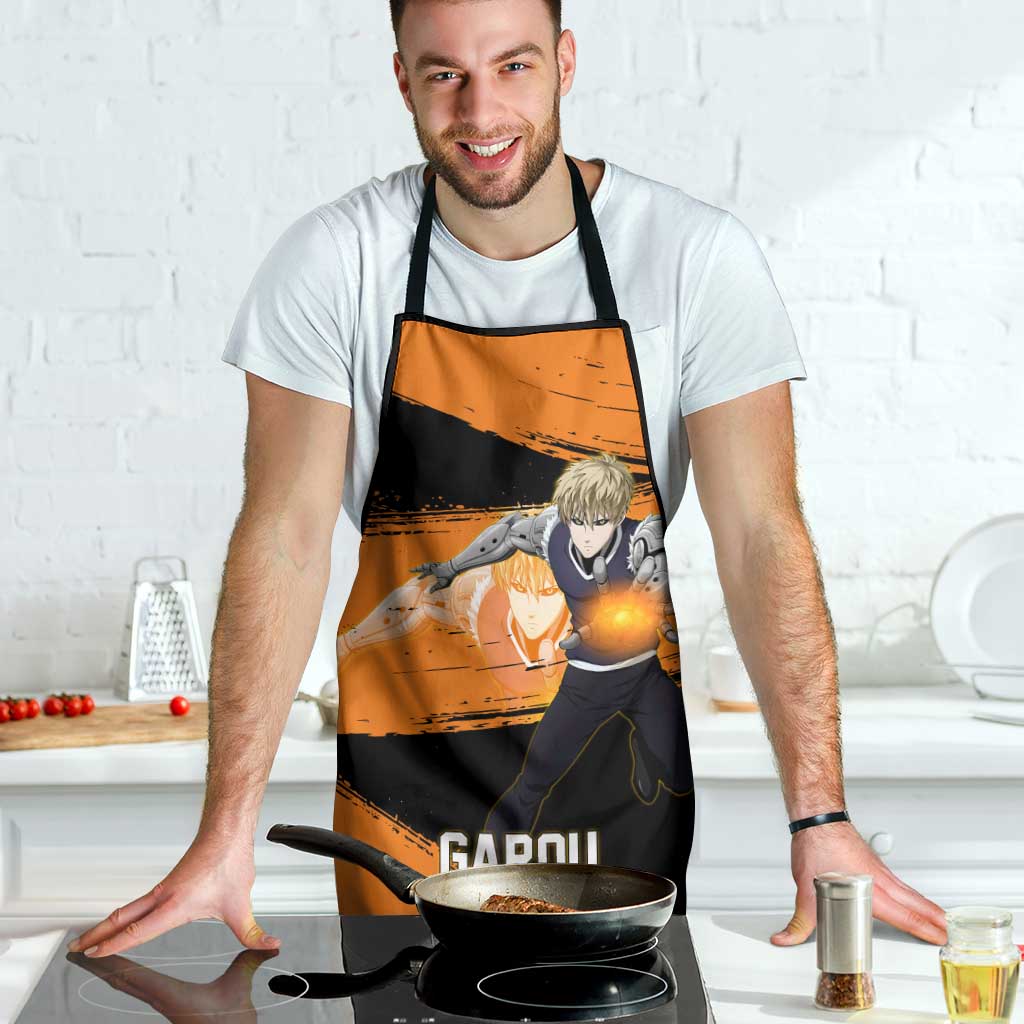 Genos One Punch Man Anime Orange and Black Theme Apron with Cyborg Arm Blast and Intense Action Pose - The Mazicc