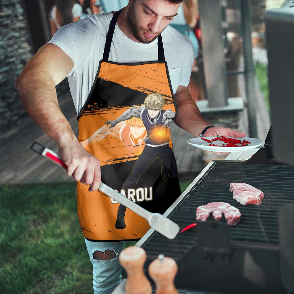 Genos One Punch Man Anime Orange and Black Theme Apron with Cyborg Arm Blast and Intense Action Pose - The Mazicc