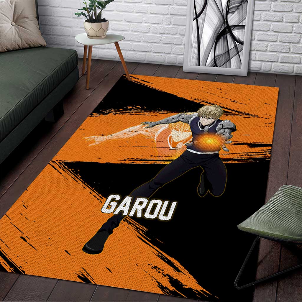 Genos One Punch Man Anime Orange and Black Theme Area Rug with Cyborg Arm Blast and Intense Action Pose - The Mazicc