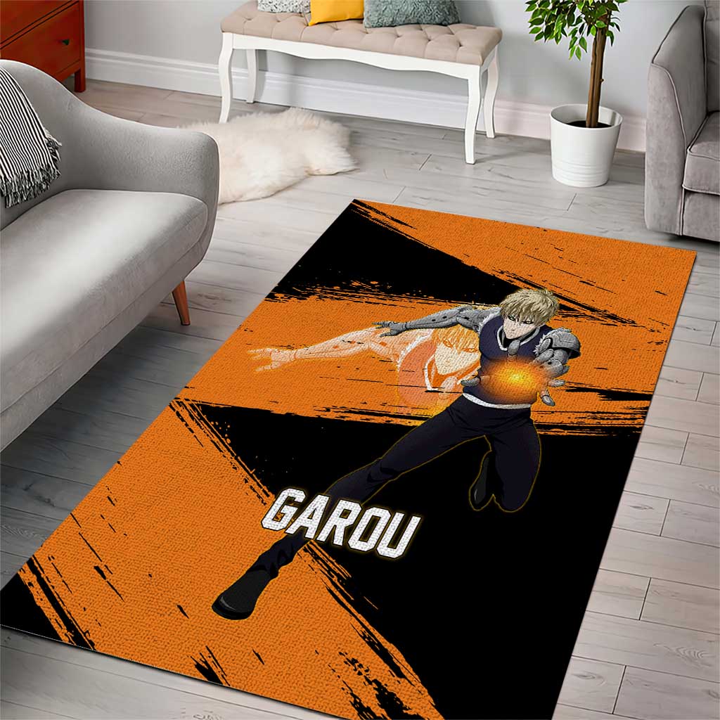 Genos One Punch Man Anime Orange and Black Theme Area Rug with Cyborg Arm Blast and Intense Action Pose - The Mazicc