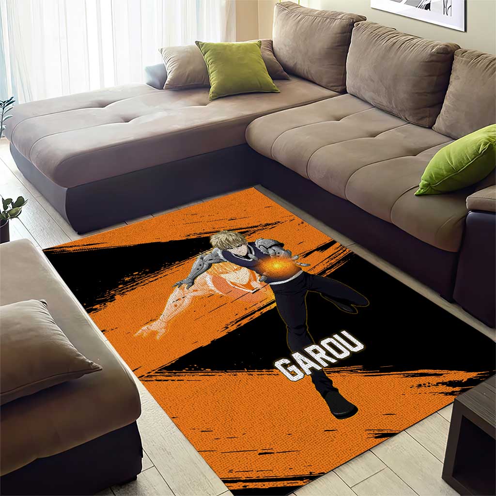 Genos One Punch Man Anime Orange and Black Theme Area Rug with Cyborg Arm Blast and Intense Action Pose - The Mazicc
