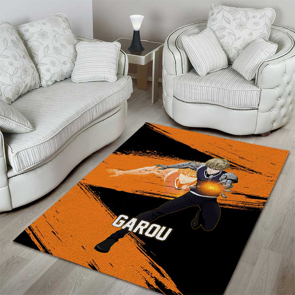 Genos One Punch Man Anime Orange and Black Theme Area Rug with Cyborg Arm Blast and Intense Action Pose - The Mazicc