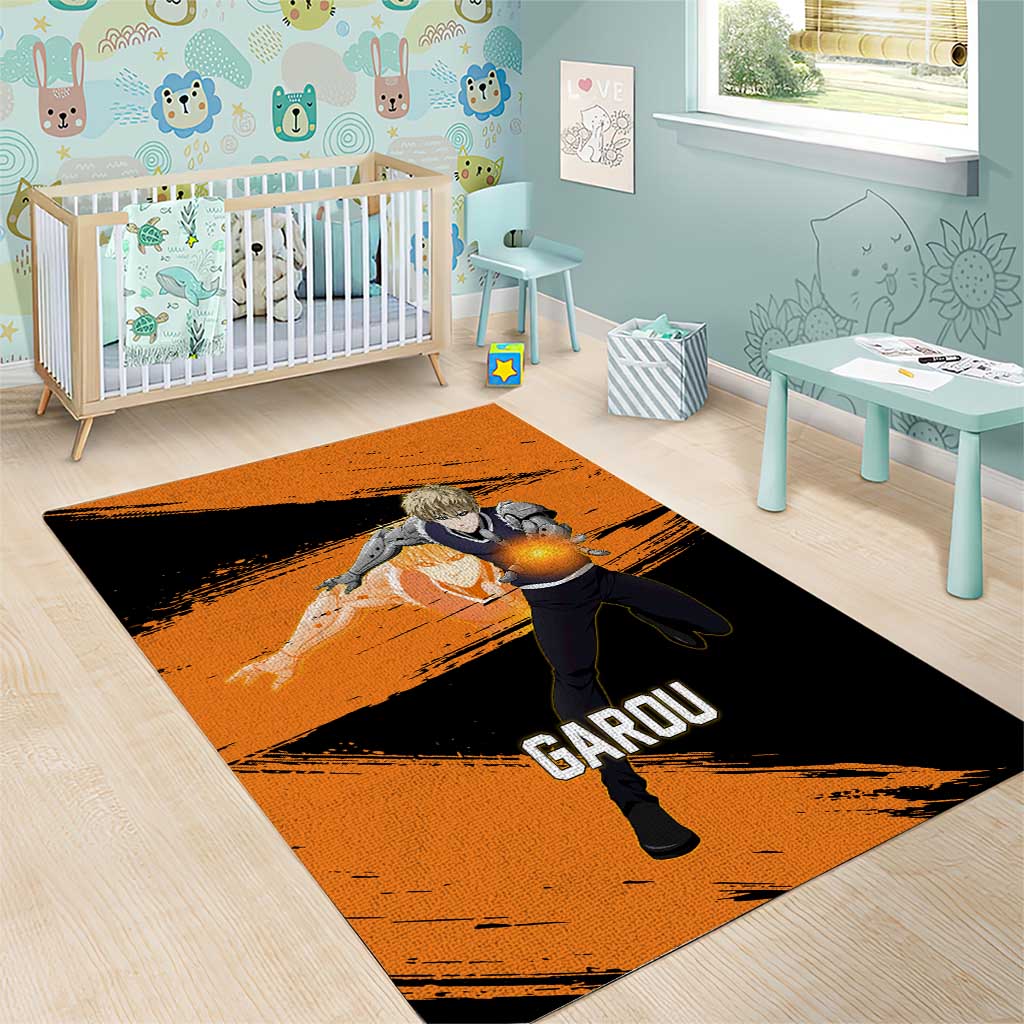 Genos One Punch Man Anime Orange and Black Theme Area Rug with Cyborg Arm Blast and Intense Action Pose - The Mazicc