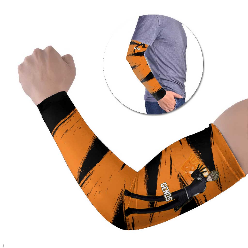 Genos One Punch Man Anime Orange and Black Theme Arm Sleeves with Cyborg Arm Blast and Intense Action Pose - The Mazicc