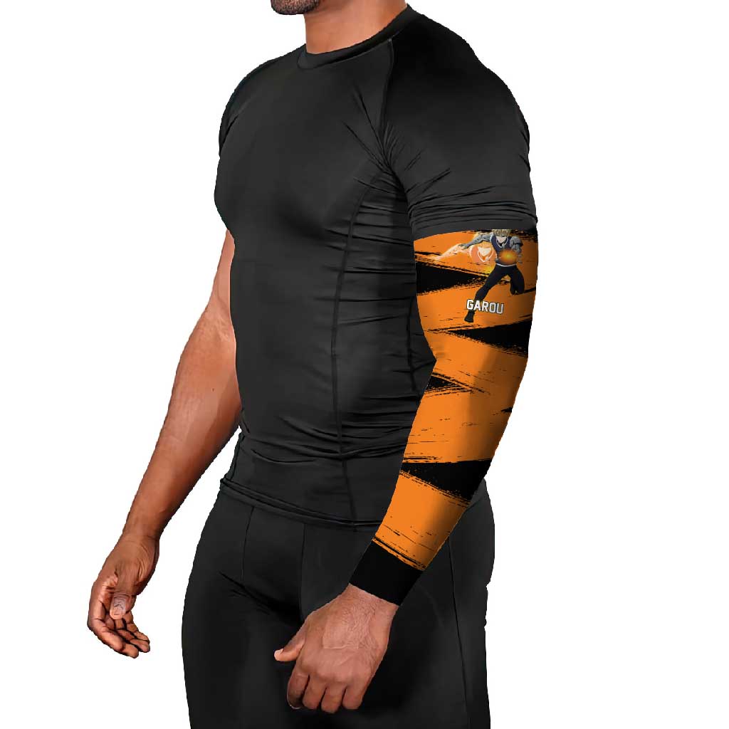 Genos One Punch Man Anime Orange and Black Theme Arm Sleeves with Cyborg Arm Blast and Intense Action Pose - The Mazicc