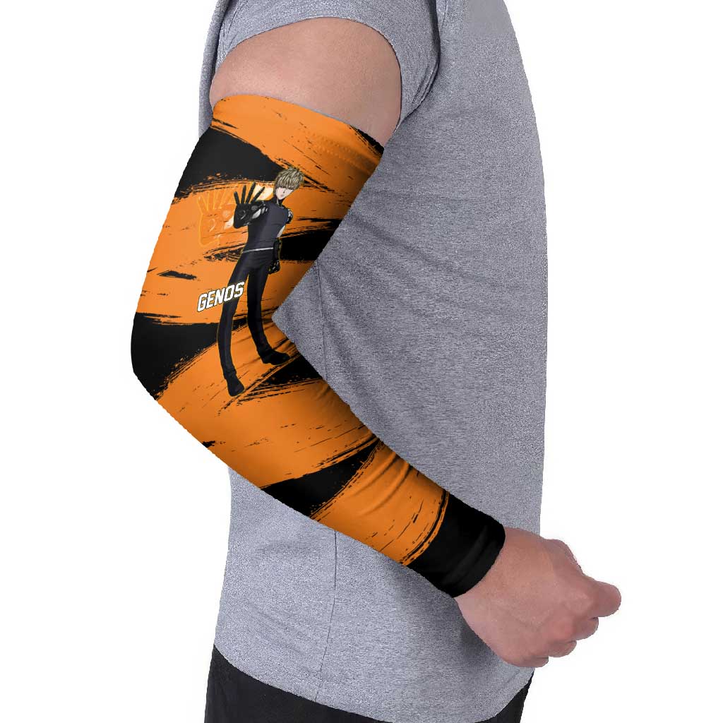 Genos One Punch Man Anime Orange and Black Theme Arm Sleeves with Cyborg Arm Blast and Intense Action Pose - The Mazicc