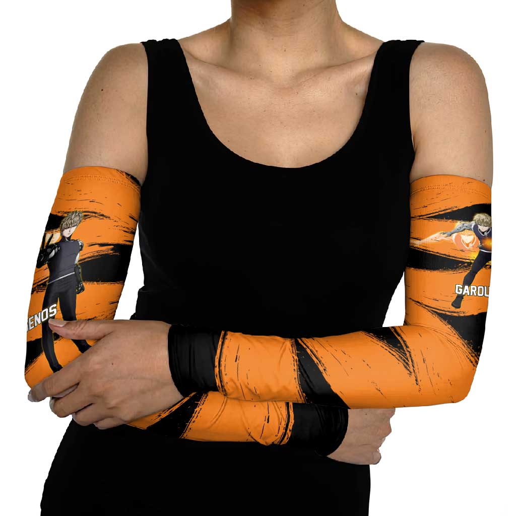Genos One Punch Man Anime Orange and Black Theme Arm Sleeves with Cyborg Arm Blast and Intense Action Pose - The Mazicc