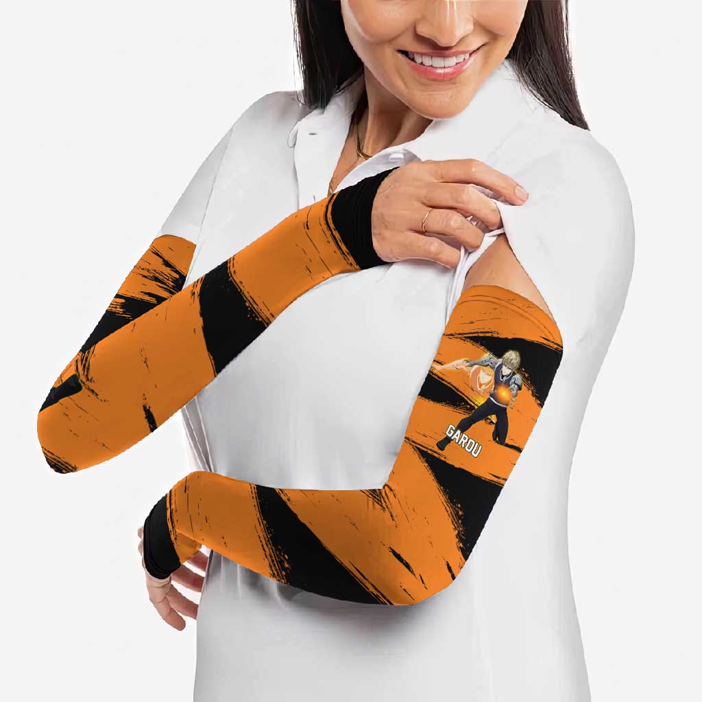 Genos One Punch Man Anime Orange and Black Theme Arm Sleeves with Cyborg Arm Blast and Intense Action Pose - The Mazicc
