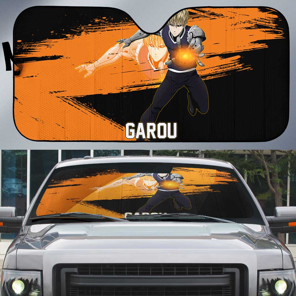 Genos One Punch Man Anime Orange and Black Theme Auto Sun Shade with Cyborg Arm Blast and Intense Action Pose - The Mazicc