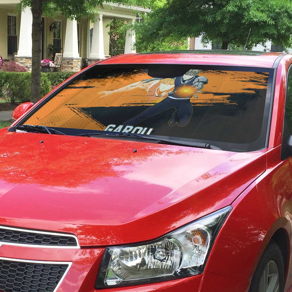 Genos One Punch Man Anime Orange and Black Theme Auto Sun Shade with Cyborg Arm Blast and Intense Action Pose - The Mazicc