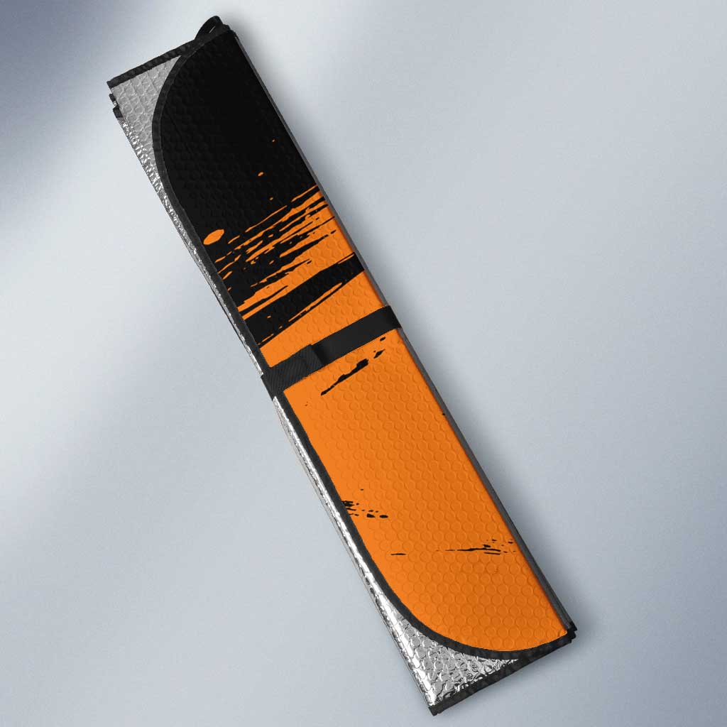 Genos One Punch Man Anime Orange and Black Theme Auto Sun Shade with Cyborg Arm Blast and Intense Action Pose - The Mazicc