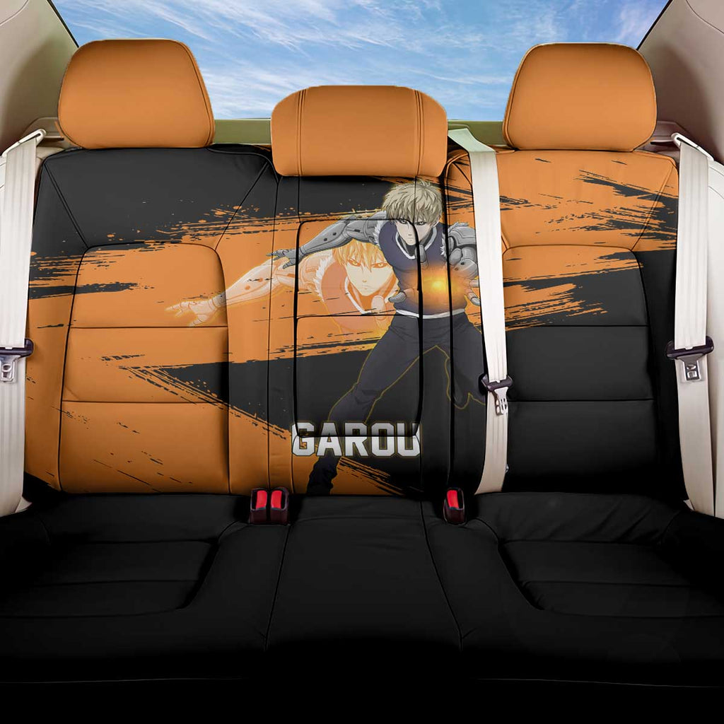 Genos One Punch Man Anime Orange and Black Theme Back Car Seat Cover with Cyborg Arm Blast and Intense Action Pose - The Mazicc