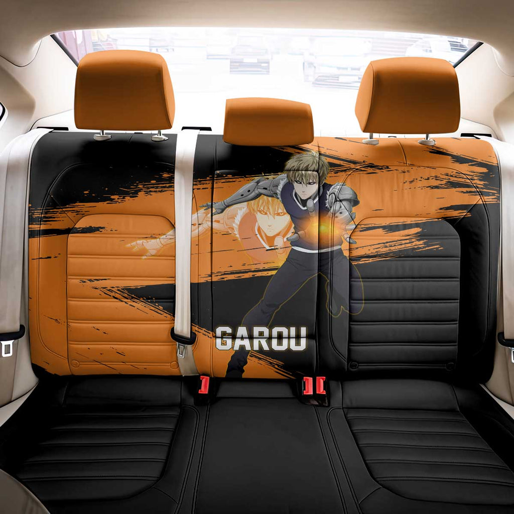 Genos One Punch Man Anime Orange and Black Theme Back Car Seat Cover with Cyborg Arm Blast and Intense Action Pose - The Mazicc