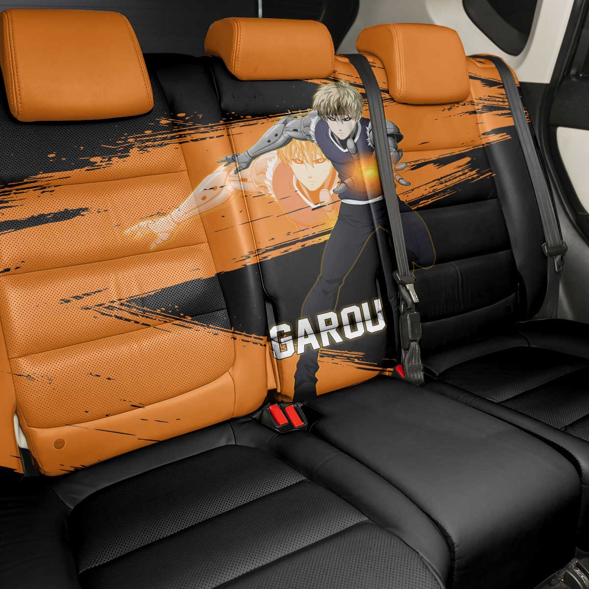 Genos One Punch Man Anime Orange and Black Theme Back Car Seat Cover with Cyborg Arm Blast and Intense Action Pose - The Mazicc