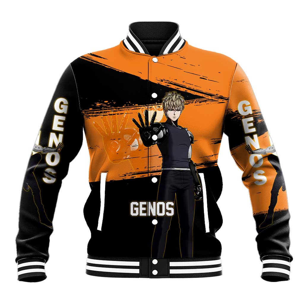 Genos One Punch Man Anime Orange and Black Theme Baseball Jacket with Cyborg Arm Blast and Intense Action Pose - The Mazicc