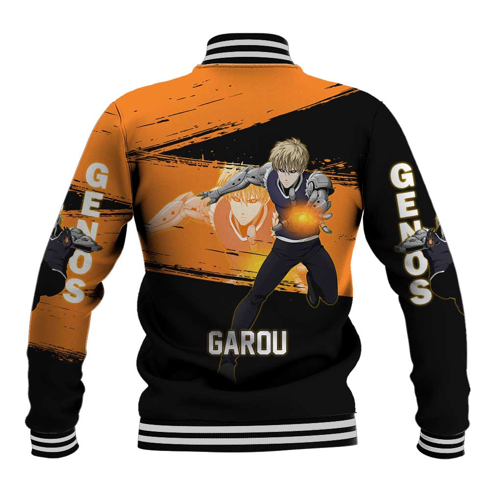 Genos One Punch Man Anime Orange and Black Theme Baseball Jacket with Cyborg Arm Blast and Intense Action Pose - The Mazicc