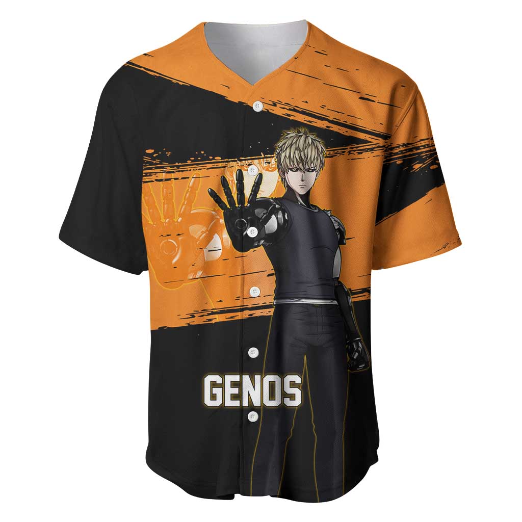 Genos One Punch Man Anime Orange and Black Theme Baseball Jersey with Cyborg Arm Blast and Intense Action Pose - The Mazicc