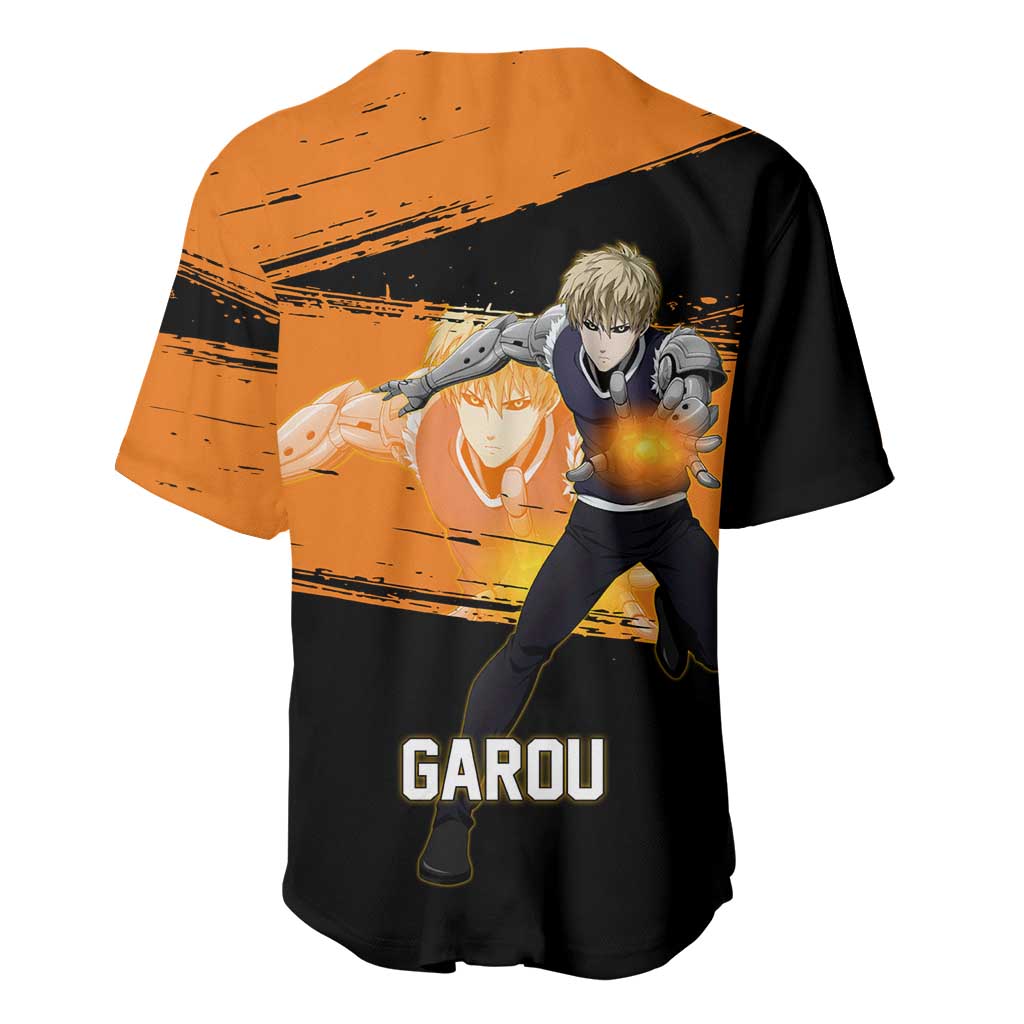 Genos One Punch Man Anime Orange and Black Theme Baseball Jersey with Cyborg Arm Blast and Intense Action Pose - The Mazicc