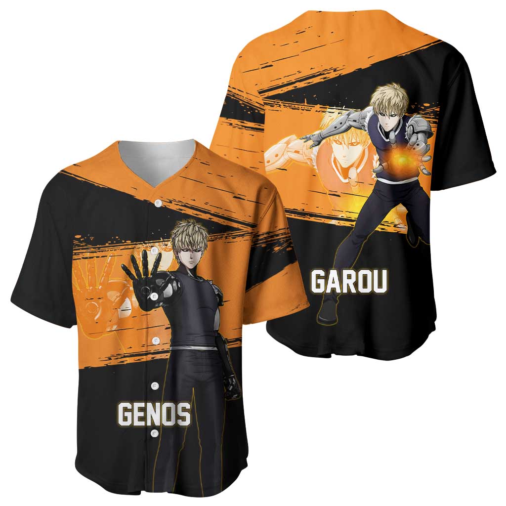 Genos One Punch Man Anime Orange and Black Theme Baseball Jersey with Cyborg Arm Blast and Intense Action Pose - The Mazicc