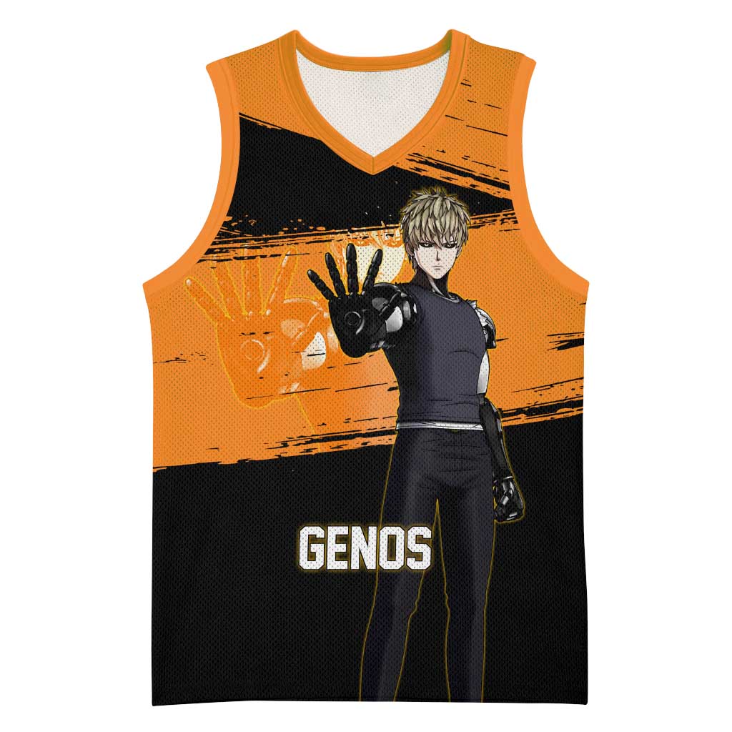 Genos One Punch Man Anime Orange and Black Theme Basketball Jersey with Cyborg Arm Blast and Intense Action Pose - The Mazicc