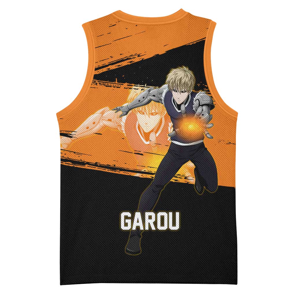 Genos One Punch Man Anime Orange and Black Theme Basketball Jersey with Cyborg Arm Blast and Intense Action Pose - The Mazicc