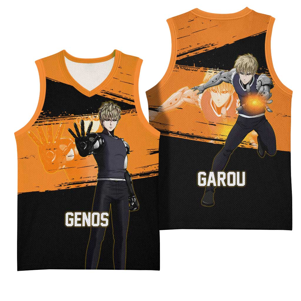 Genos One Punch Man Anime Orange and Black Theme Basketball Jersey with Cyborg Arm Blast and Intense Action Pose - The Mazicc