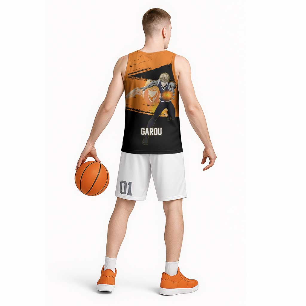 Genos One Punch Man Anime Orange and Black Theme Basketball Jersey with Cyborg Arm Blast and Intense Action Pose - The Mazicc