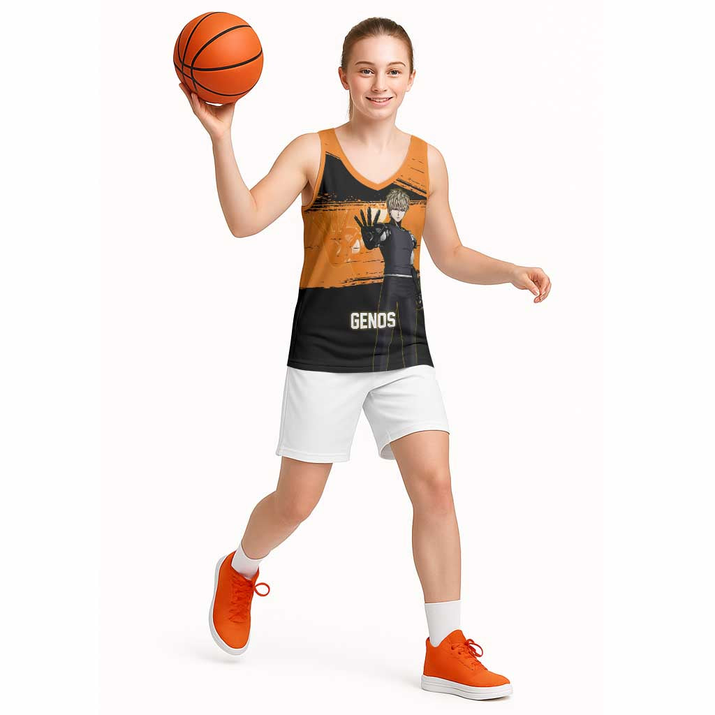 Genos One Punch Man Anime Orange and Black Theme Basketball Jersey with Cyborg Arm Blast and Intense Action Pose - The Mazicc