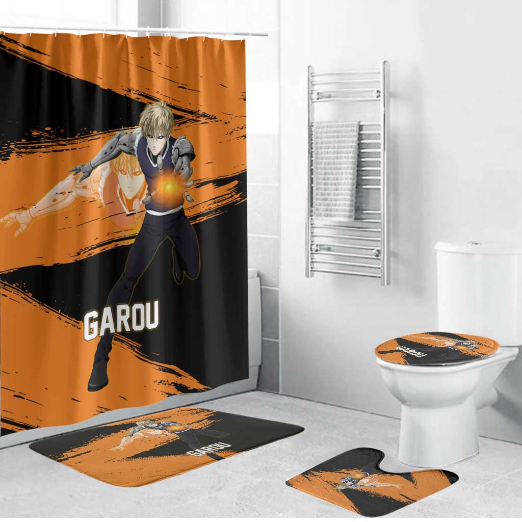 Genos One Punch Man Anime Orange and Black Theme Bathroom Set with Cyborg Arm Blast and Intense Action Pose - The Mazicc