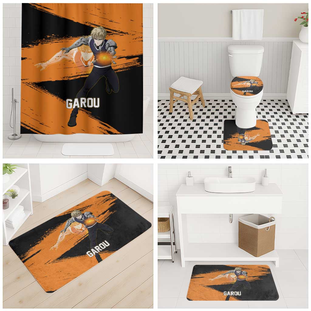 Genos One Punch Man Anime Orange and Black Theme Bathroom Set with Cyborg Arm Blast and Intense Action Pose - The Mazicc