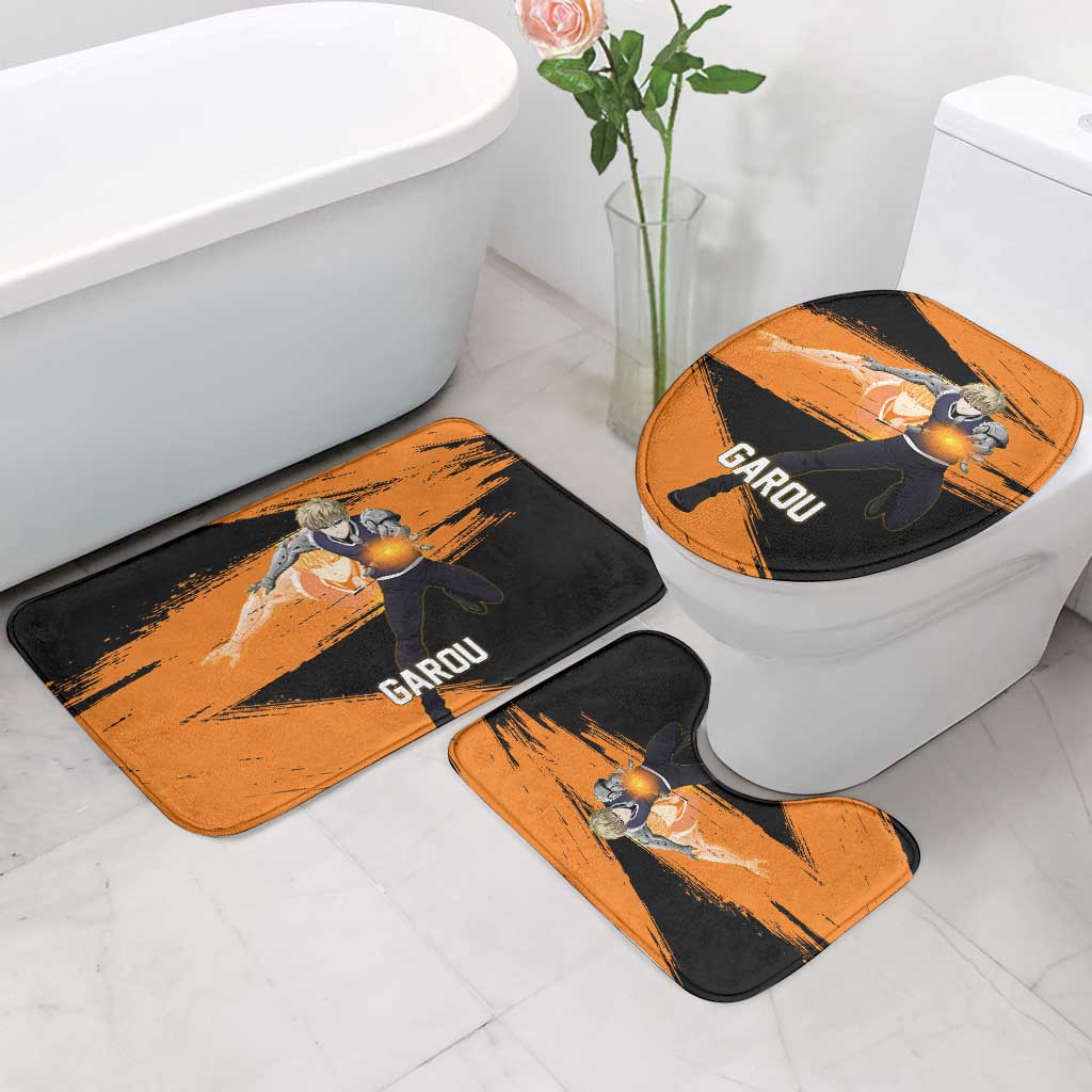 Genos One Punch Man Anime Orange and Black Theme Bathroom Set with Cyborg Arm Blast and Intense Action Pose - The Mazicc
