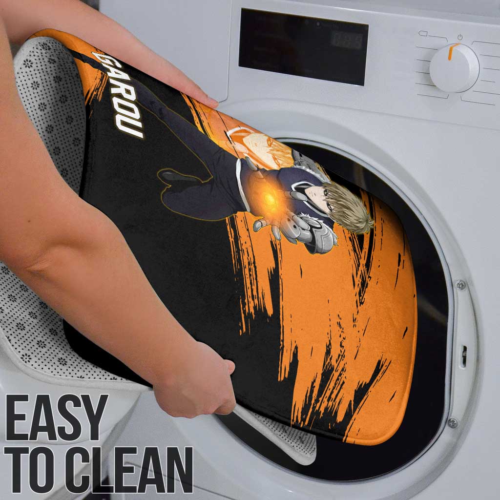 Genos One Punch Man Anime Orange and Black Theme Bathroom Set with Cyborg Arm Blast and Intense Action Pose - The Mazicc