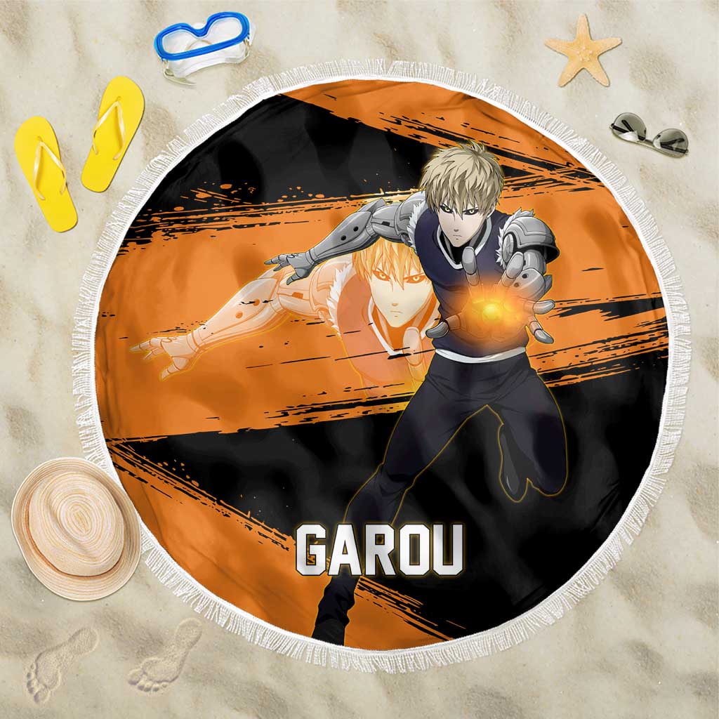 Genos One Punch Man Anime Orange and Black Theme Beach Blanket with Cyborg Arm Blast and Intense Action Pose - The Mazicc