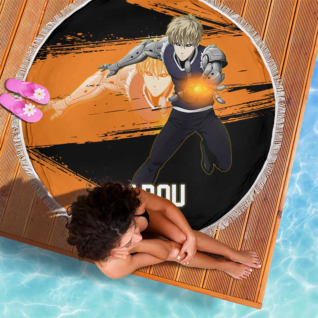 Genos One Punch Man Anime Orange and Black Theme Beach Blanket with Cyborg Arm Blast and Intense Action Pose - The Mazicc