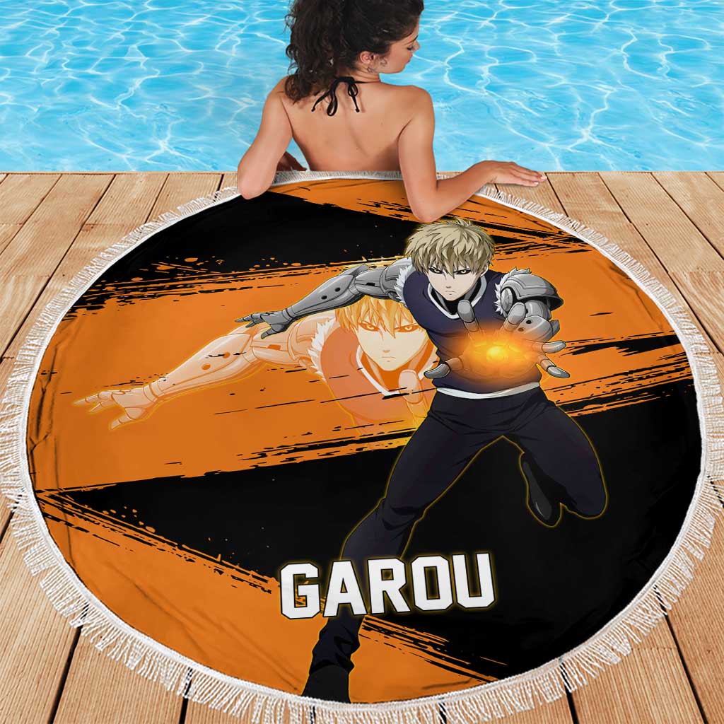 Genos One Punch Man Anime Orange and Black Theme Beach Blanket with Cyborg Arm Blast and Intense Action Pose - The Mazicc