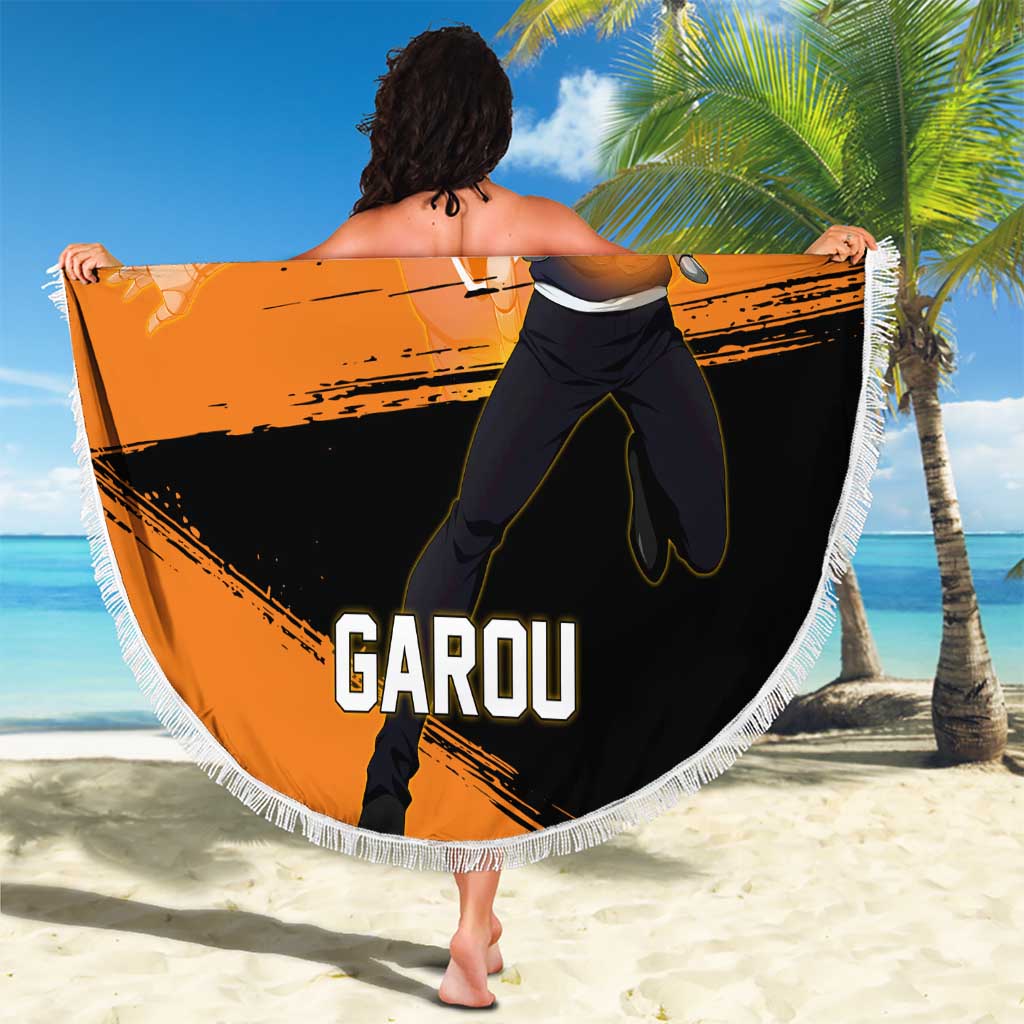 Genos One Punch Man Anime Orange and Black Theme Beach Blanket with Cyborg Arm Blast and Intense Action Pose - The Mazicc