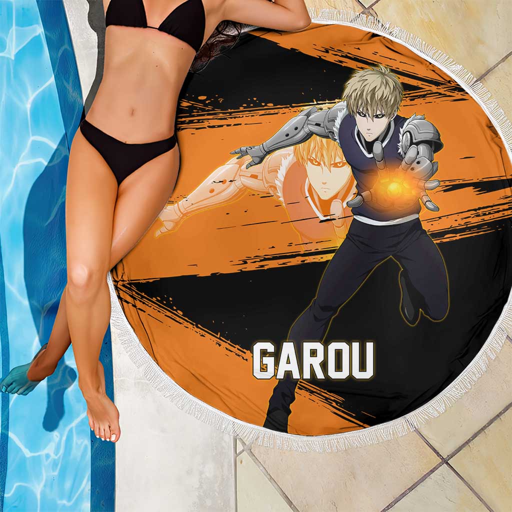 Genos One Punch Man Anime Orange and Black Theme Beach Blanket with Cyborg Arm Blast and Intense Action Pose - The Mazicc