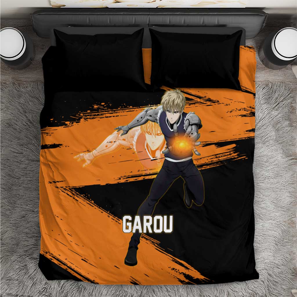 Genos One Punch Man Anime Orange and Black Theme Bedding Set with Cyborg Arm Blast and Intense Action Pose - The Mazicc