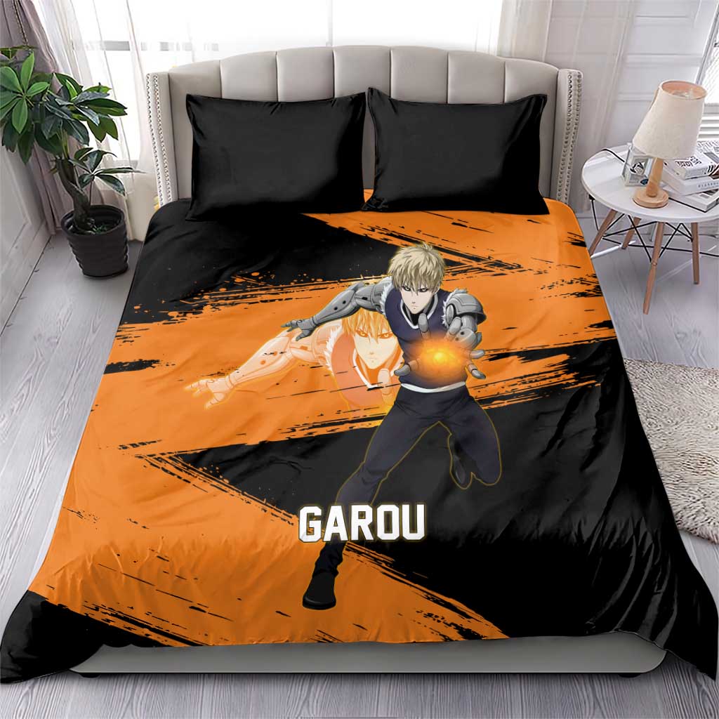Genos One Punch Man Anime Orange and Black Theme Bedding Set with Cyborg Arm Blast and Intense Action Pose - The Mazicc
