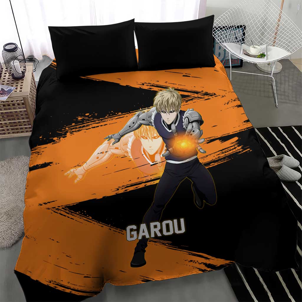 Genos One Punch Man Anime Orange and Black Theme Bedding Set with Cyborg Arm Blast and Intense Action Pose - The Mazicc