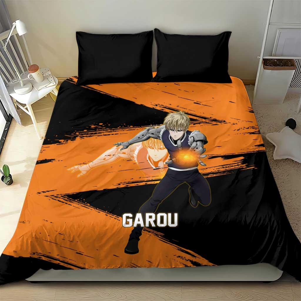 Genos One Punch Man Anime Orange and Black Theme Bedding Set with Cyborg Arm Blast and Intense Action Pose - The Mazicc