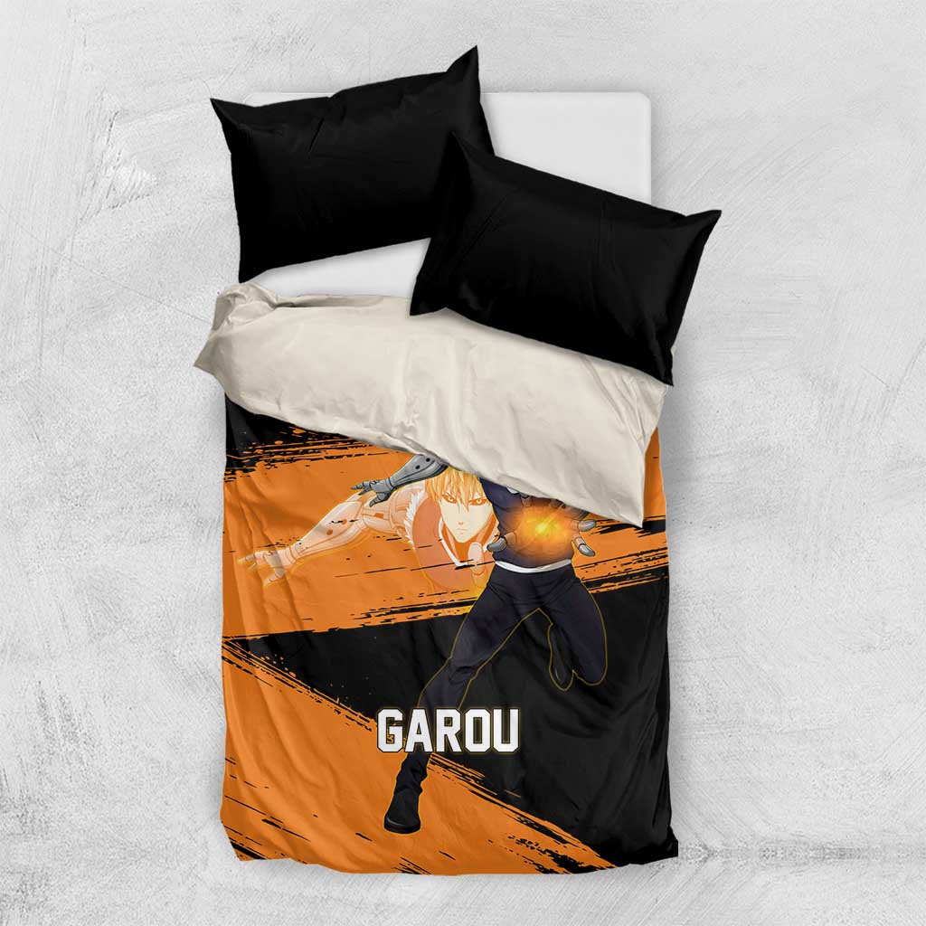 Genos One Punch Man Anime Orange and Black Theme Bedding Set with Cyborg Arm Blast and Intense Action Pose - The Mazicc