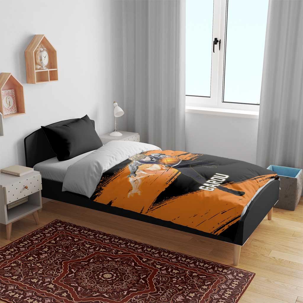 Genos One Punch Man Anime Orange and Black Theme Bedding Set with Cyborg Arm Blast and Intense Action Pose - The Mazicc
