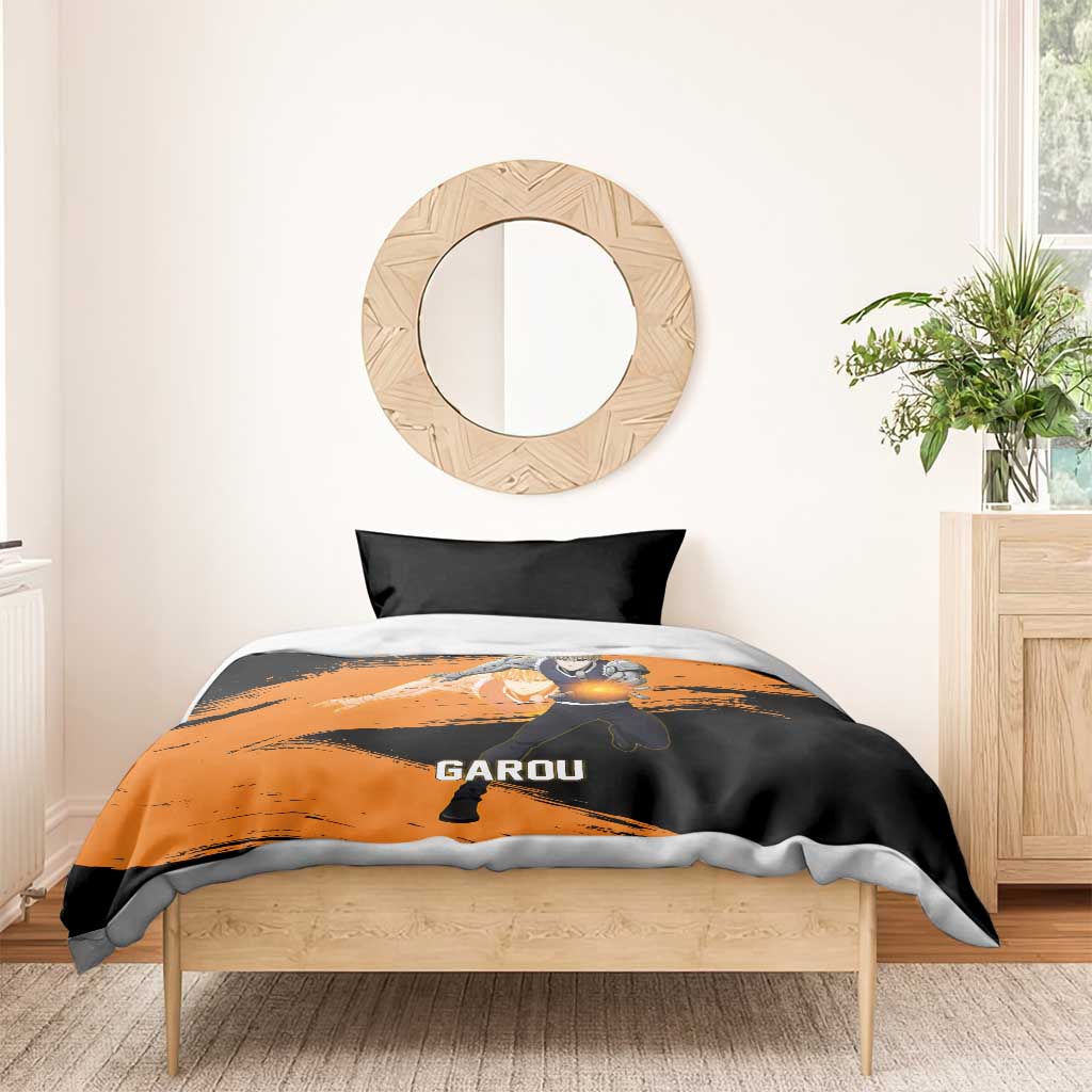 Genos One Punch Man Anime Orange and Black Theme Bedding Set with Cyborg Arm Blast and Intense Action Pose - The Mazicc
